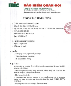 Công Ty Bảo Hiểm MIC Bình Dương thông báo tuyển dụng nhân sự