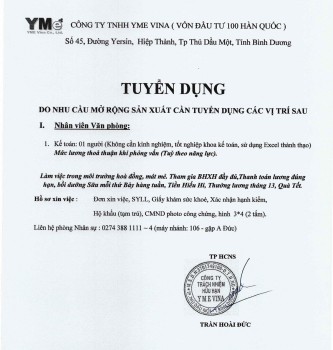 Công ty TNHH YME VINA (VỐN ĐẦU TƯ 100 HÀN QUỐC) tuyển dụng nhân viên văn phòng