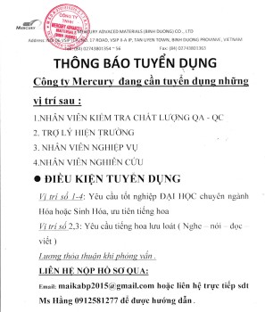 Công ty Mecury Advanced thông báo tuyển dụng nhân viên