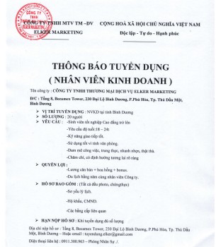 Công ty Elker thông báo tuyển dụng nhân viên kinh doanh năm 2019