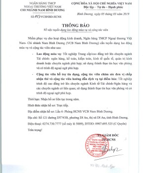 Thông báo tuyển dụng CTV Vietcombank chi nhánh Nam Bình Dương