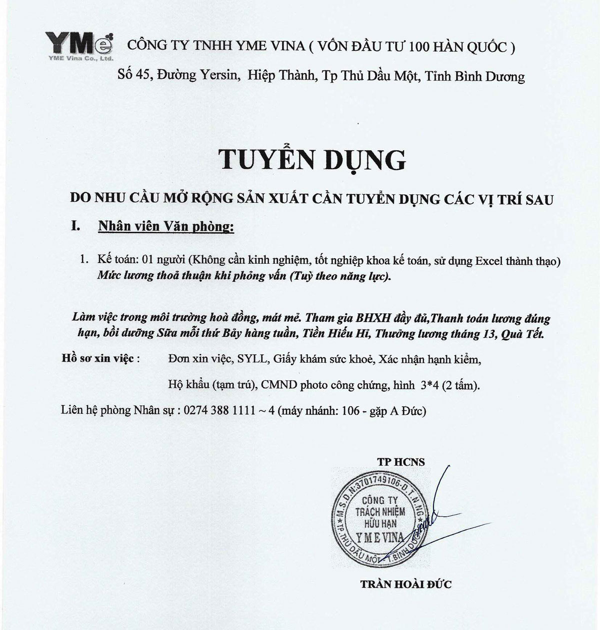 THONG BAO TUYEN DUNG CTY YME VINA 2019