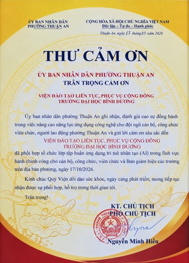 Thư cảm ơn của UBND phường Thuận An
